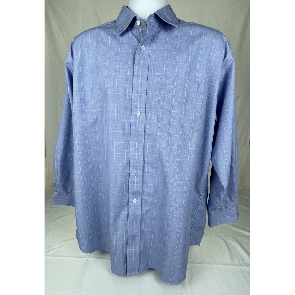 JOS A BANK TRAVELER DRESS SHIRT MENS 16.5 33 BLUE PLAID WINDOWPANE COTTON LONG S